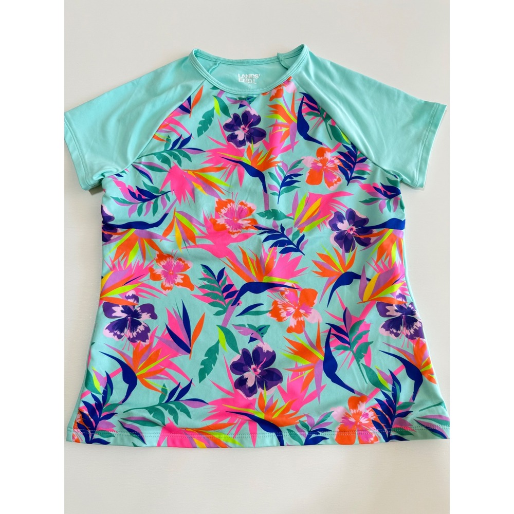 Lands End Kids Tropical Floral Rash Guard Swim Shirt Turquoise L 10-12 Beachwear